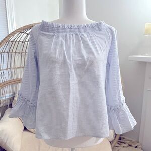 Banana Republic Off Shoulder Ruffle Bell Sleeve Blouse Small Seersucker